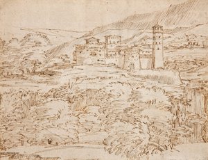 木の帯の上の城のある風景